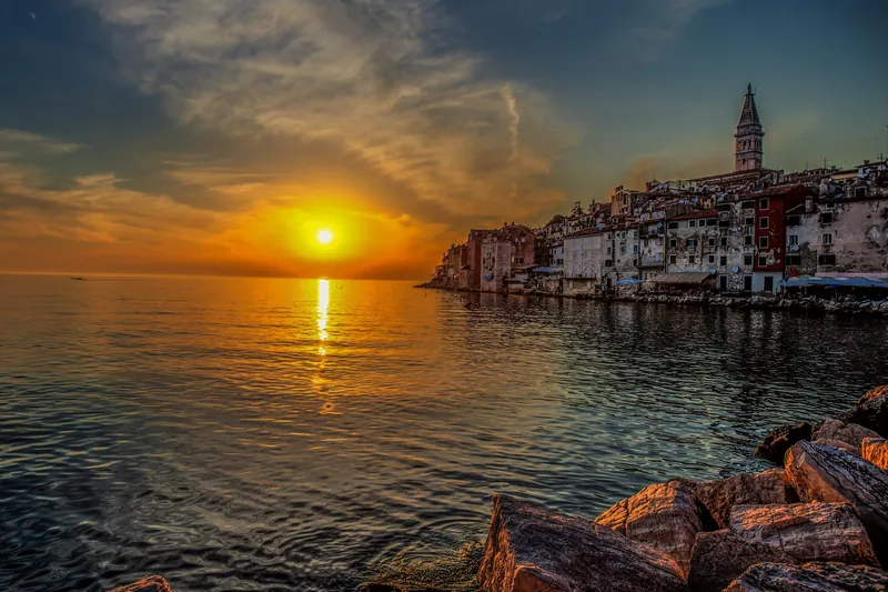 An old-town lane in Rovinj at sunset