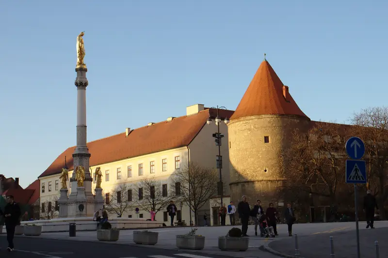 Kaptol square in Zagreb with the Virgin Mary column and an old defence tower